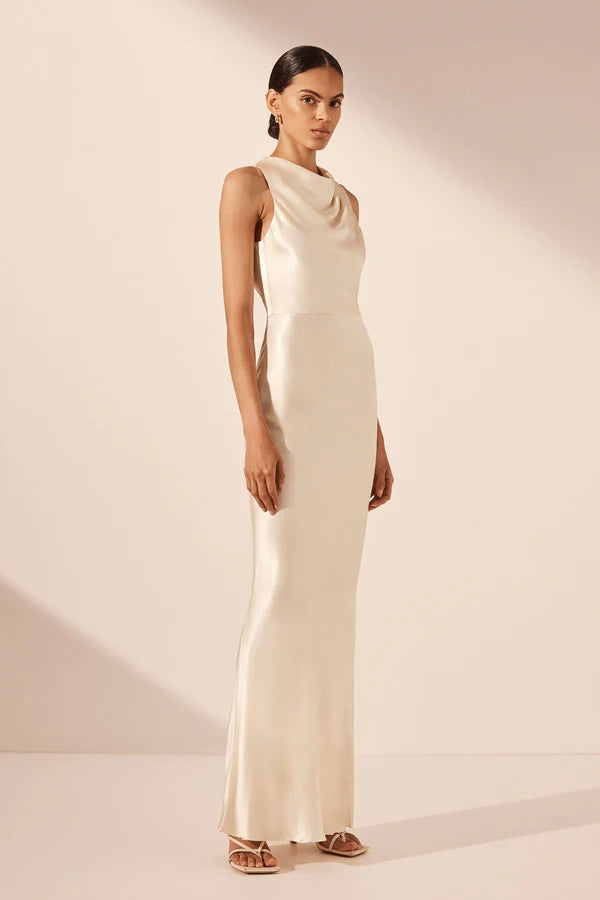 La Lune High Neck Bias Maxi Dress Cream BLVD