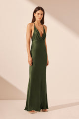 Elia Plunged Open Back Halter Maxi Dress - Fern