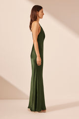 Elia Plunged Open Back Halter Maxi Dress - Fern