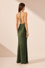 Elia Plunged Open Back Halter Maxi Dress - Fern