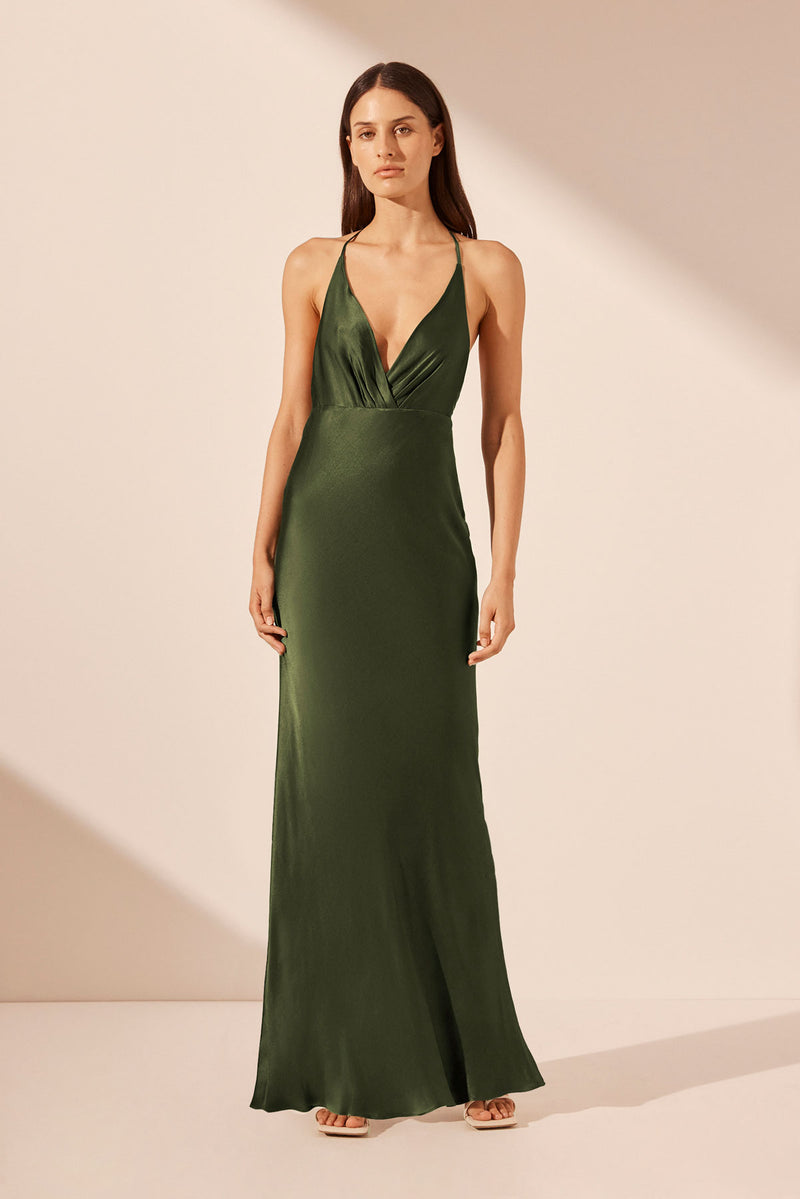 Elia Plunged Open Back Halter Maxi Dress - Fern