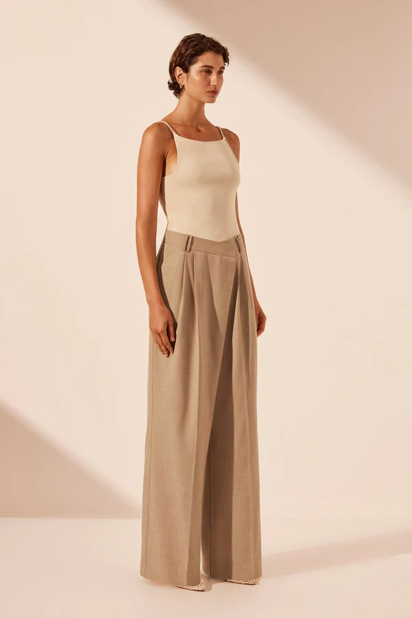 Asher Asymmetrical Pleat Front Pant - Latte