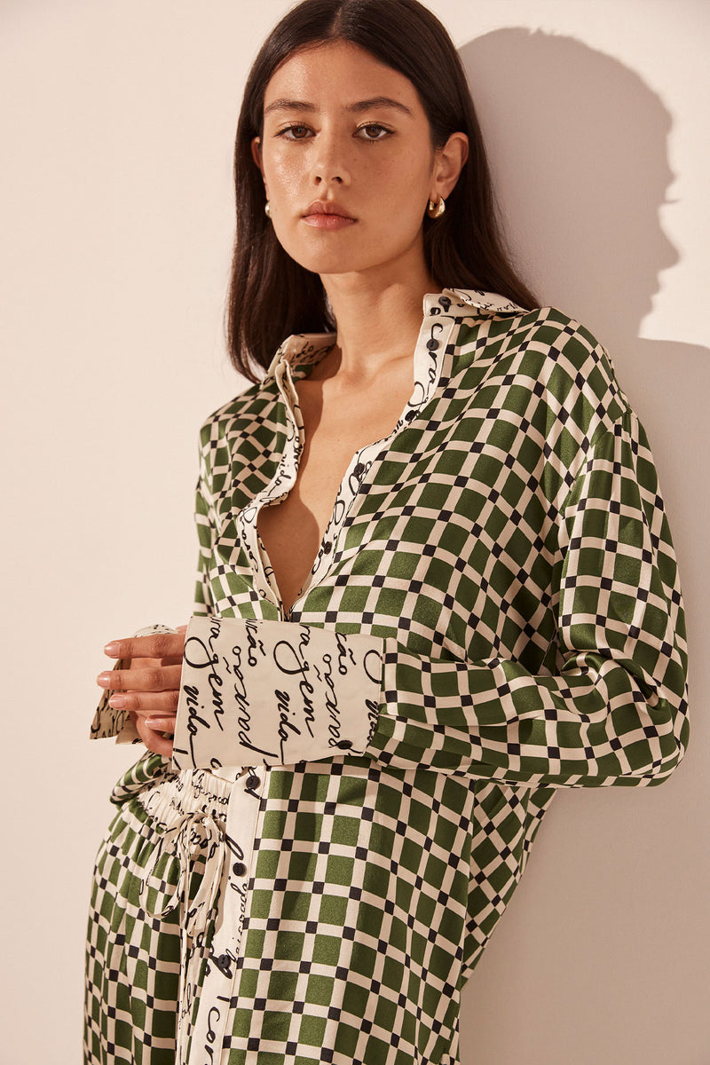 Kahlo Silk Contrast Relaxed Shirt - Fern