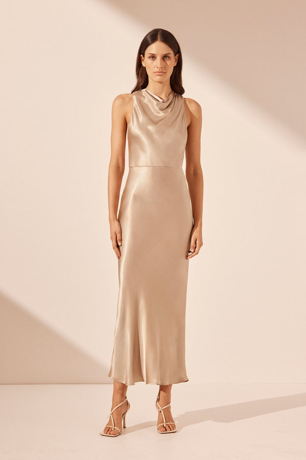 La Lune High Neck Bias Midi Dress - Gold