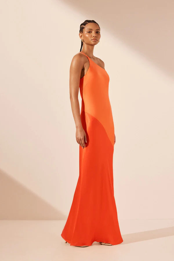 Shona Joy Mia Contrast One Shoulder Cowl Back Maxi Dress Red Orange Hibiscus