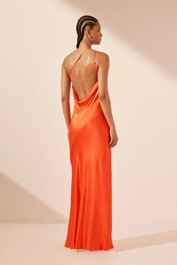 Shona Joy Mia Contrast One Shoulder Cowl Back Maxi Dress Red Orange Hibiscus