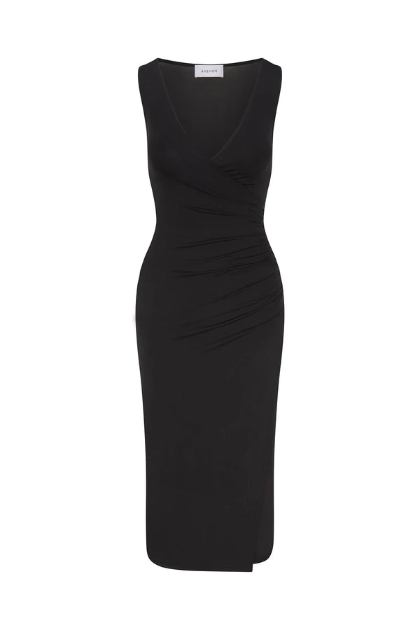 Wrap Effect Midi Dress - Black