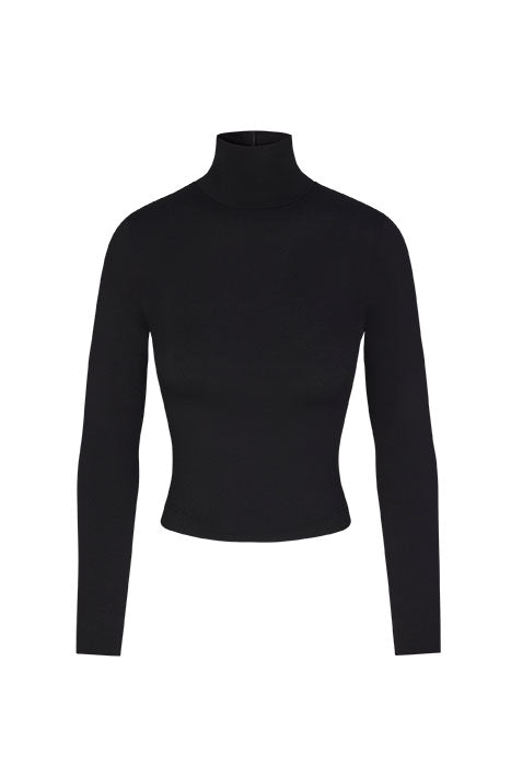 Cropped Modal Turtleneck Top - Black