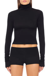 Cropped Modal Turtleneck Top - Black