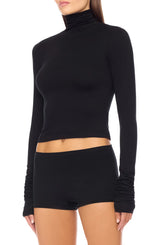 Cropped Modal Turtleneck Top - Black