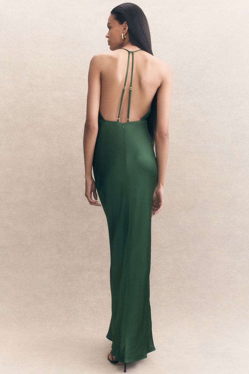 Elia Plunged Open Back Halter Maxi Dress - Fern