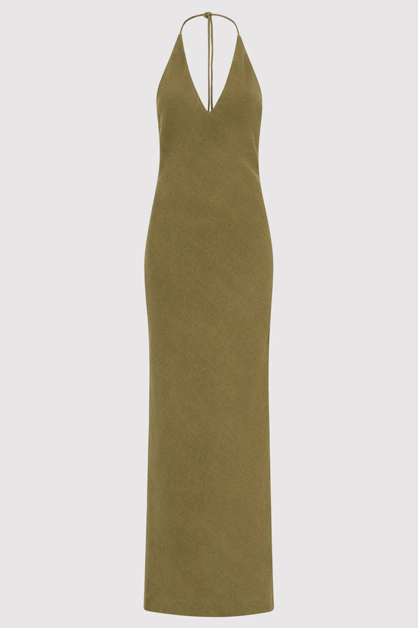 Linen Bias Halter Dress - Olive