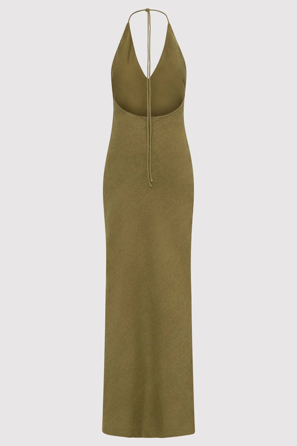 Linen Bias Halter Dress - Olive