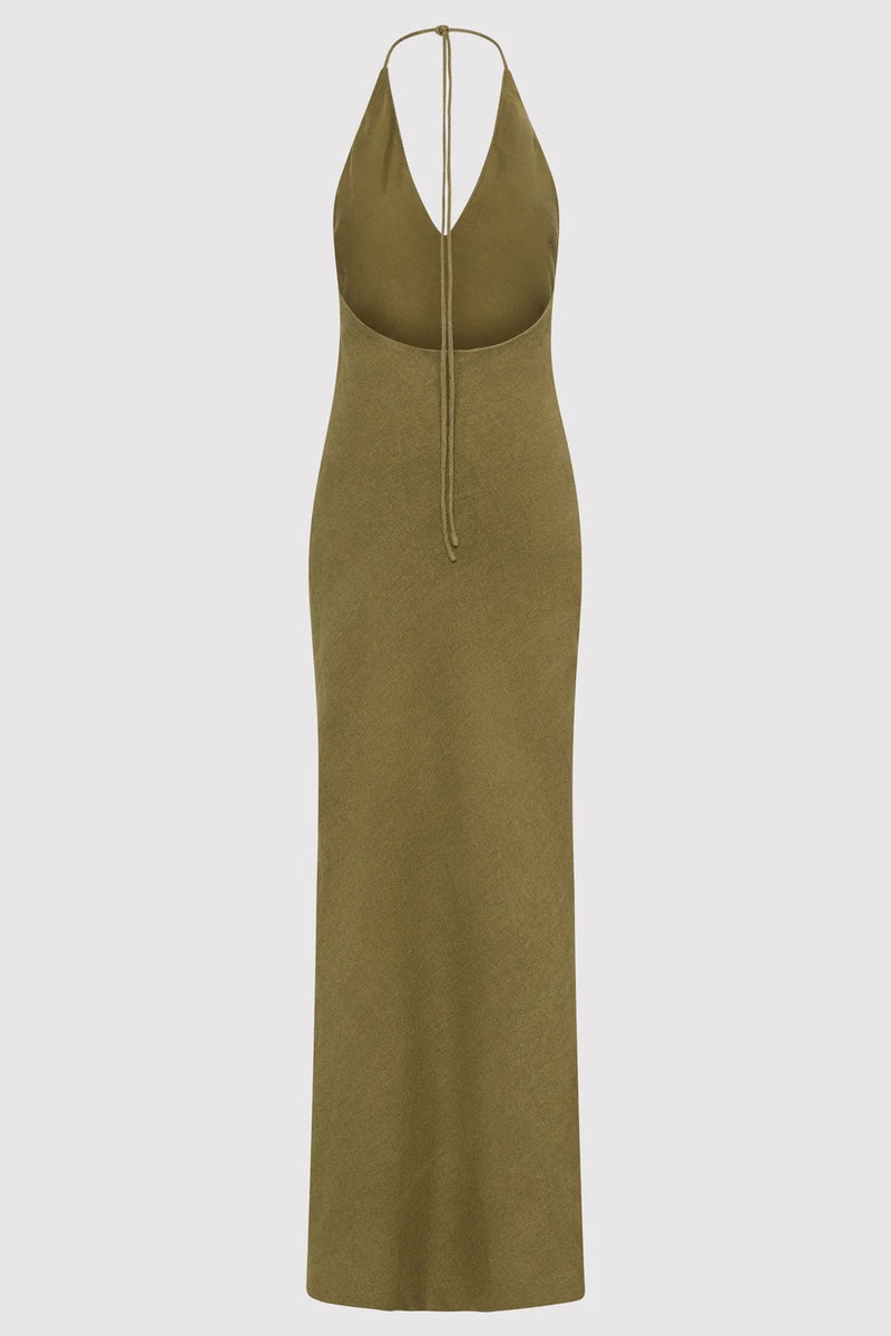 Linen Bias Halter Dress - Olive