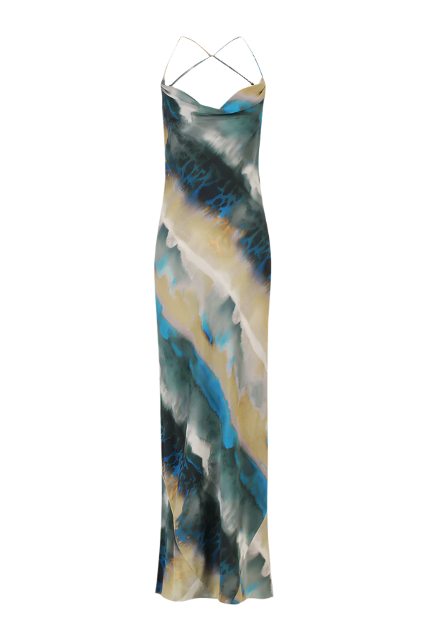 Jardin Silk Double Cowl Bias Maxi Dress - Aqua